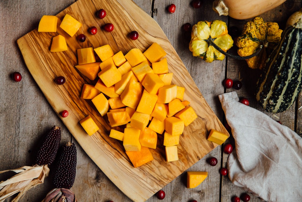 Honey Roasted Butternut squash recipe premier meat company raw squash with cranberries Thanksgiving side dish recipe