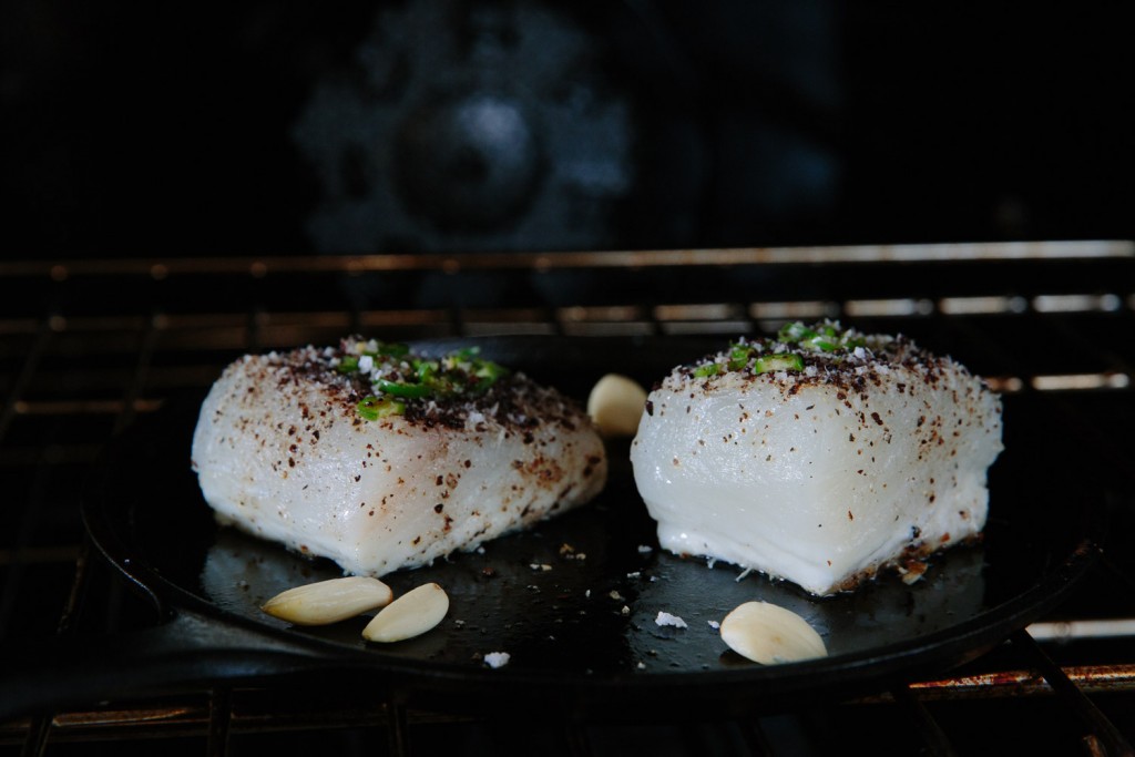 halibut fillets roasting in oven. fresh never frozen